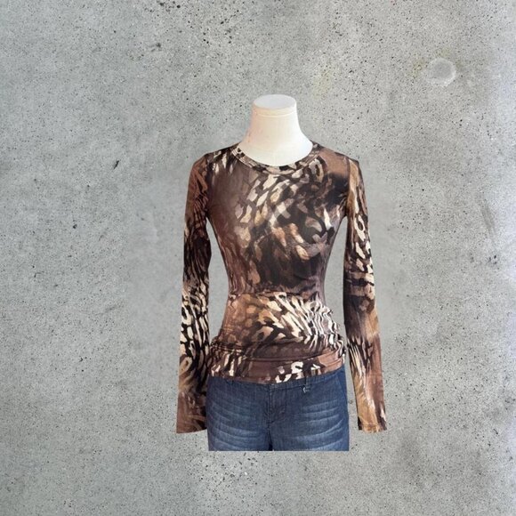 vintage micromesh animal print long sleeve top - Picture 1 of 8